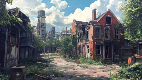 Post-apocalyptic overgrown street with derelict brick houses and plant life.