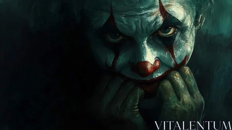 Moody close-up of sinister clown portrait in teal darkness