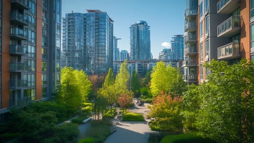 Urban towers cradle a luminous garden canyon of green calm.
