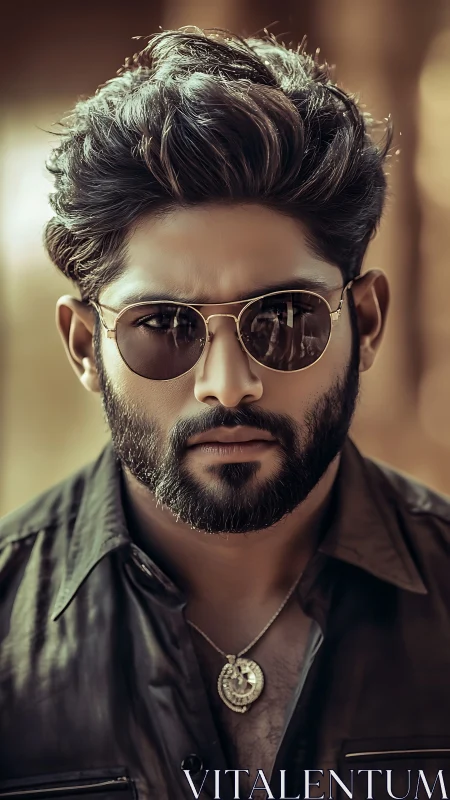 Cinematic close-up of bearded man in reflective aviator sunglasses.