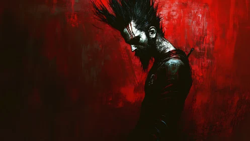 Solitary warrior profile rendered against textured red field