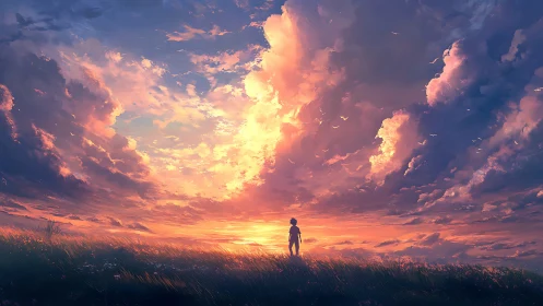 Glowing sunset sky welcomes a lone dreamer on open fields