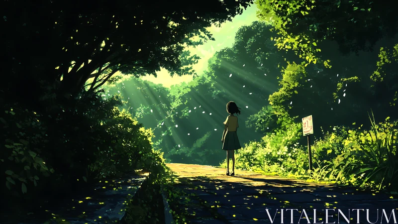 Sunlit forest path welcoming a quiet moment of wonder.