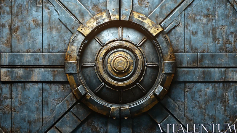Heavy industrial vault door with circular metal locking hub.