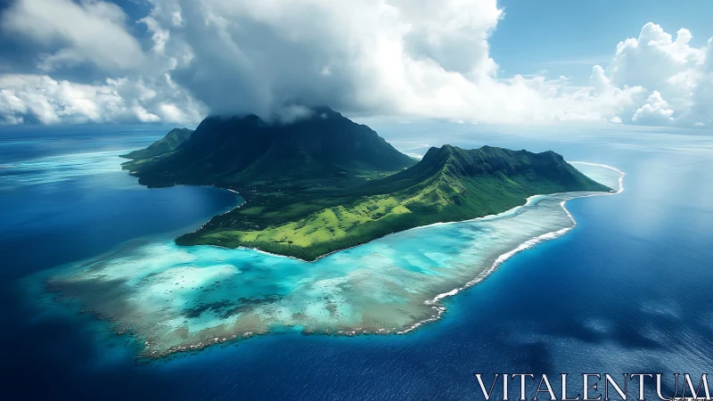 Volcanic island system with stratified basalt peaks and shallow reef structures.