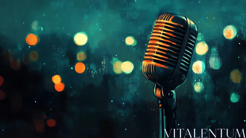 Vintage microphone glows softly against dreamy bokeh lights.