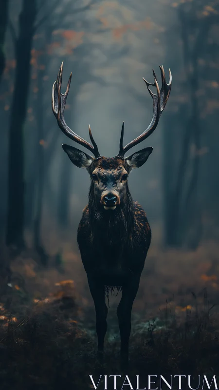 Stag stands centrally framed in a misty forest corridor