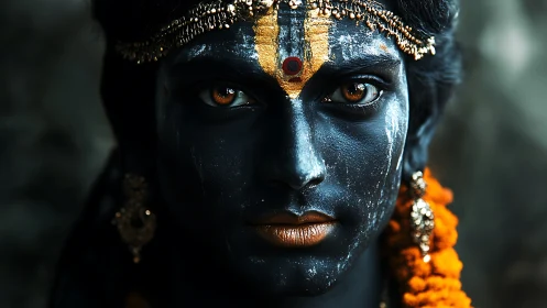 Close crop portrait of blue-painted face with gold adornment