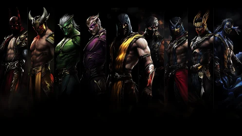 Bold masked warriors lined in dramatic, glowing armor.