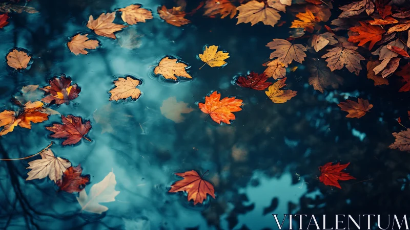 Autumn leaves form irregular distribution on still water