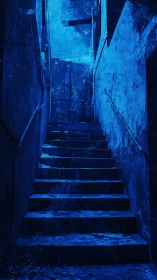 Nocturnal concrete stairwell in saturated cobalt blue light.