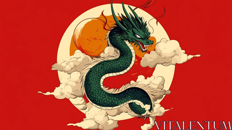 Emerald serpentine dragon coiled before sun disc on red field