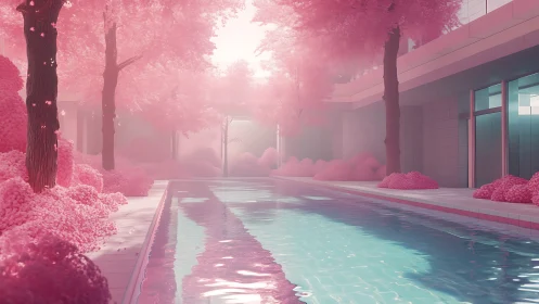 Iridescent pool beneath ethereal pink sakura canopy at dawn.