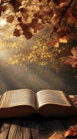 Open book on wooden table under autumn foliage sunlight.