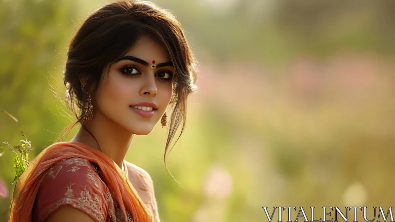 Portrait of a Smiling Woman in Traditional Attire, Soft Natural Light.