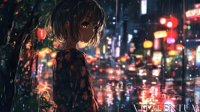 Girl stands in rainy neon city street at night scene.