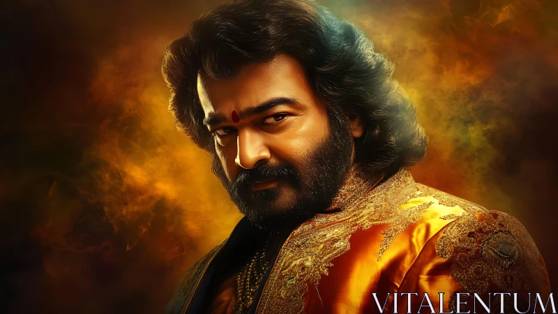 Portrait of bearded man in ornate garment with warm haze.