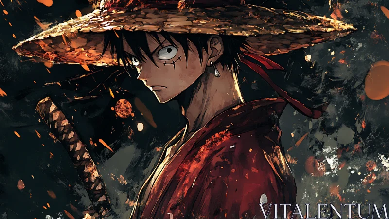Straw hat swordsman in red coat amid dark sparks.