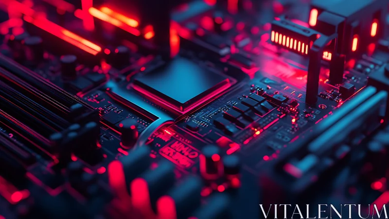 Glowing red circuit board reveals a vivid world of technology