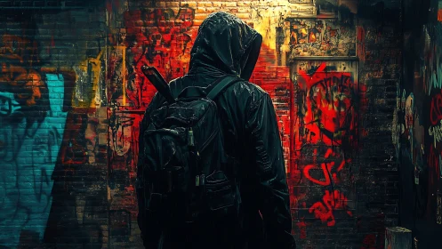 Hooded drifter studies neon-slashed alley like a quiet riddle