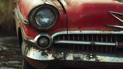 Close-up of rusted red vintage car front and chrome trim.