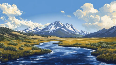 River of skyglass winding beneath bright snowcapped giants.