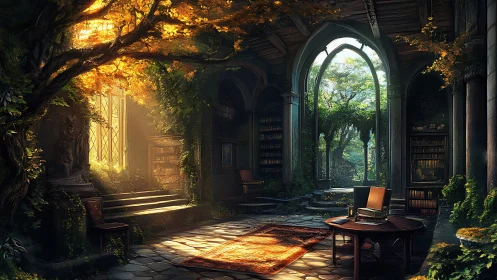 Sunlit forest library invites quiet reading and wonder