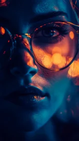 Neon-lit portrait isolates reflective glasses and cool skin.