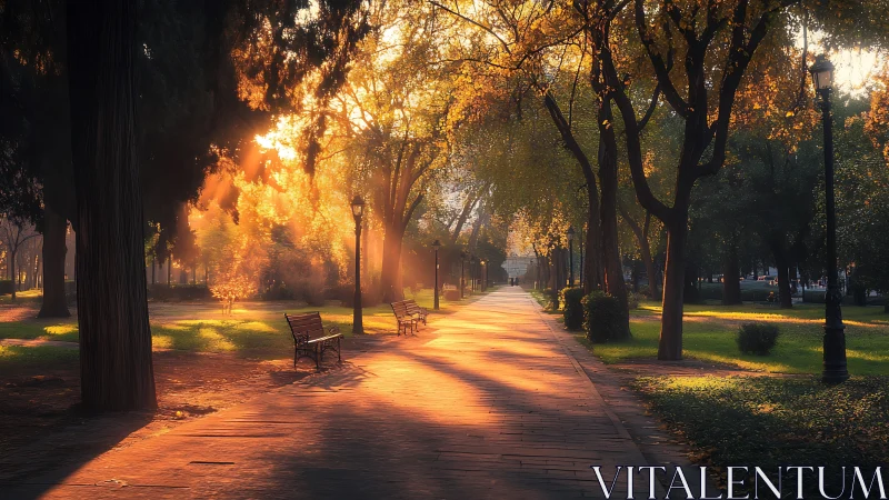 Sunlit park path glows under tall autumn trees at sunrise