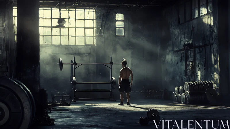 Backlit athlete confronts industrial squat rack in dusty gym