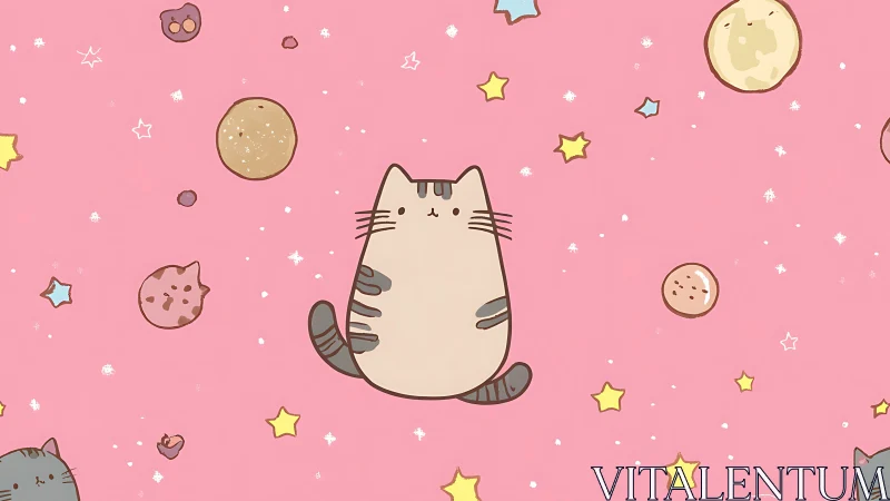 Whimsical cat illustration surrounded by celestial elements on pink background.