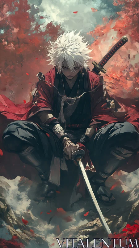 White haired swordsman resting amid red autumn leaves.