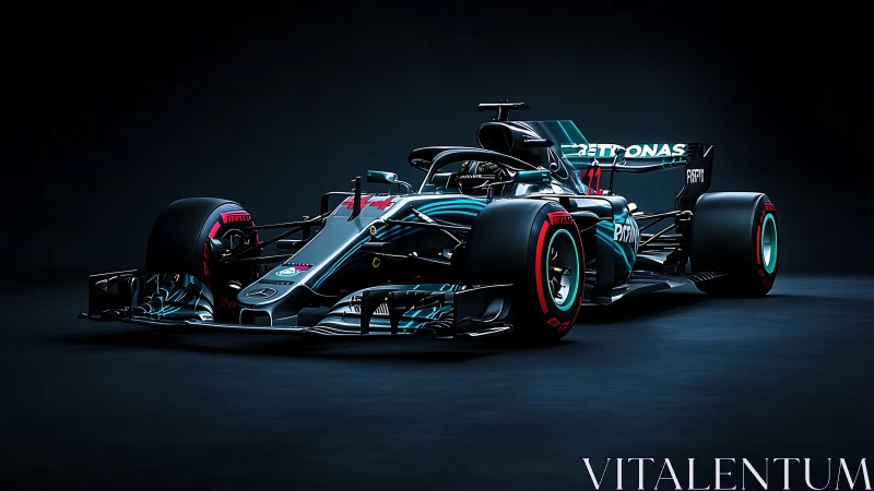 Sleek black Formula race car under dramatic studio light.