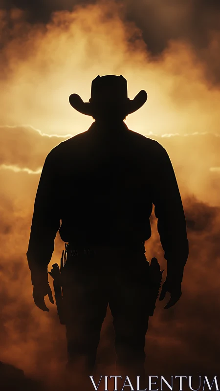 Lone cowboy silhouette strides through blazing sunset haze