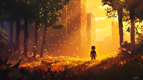 Backlit child in luminous ruin-forest threshold at sunset.