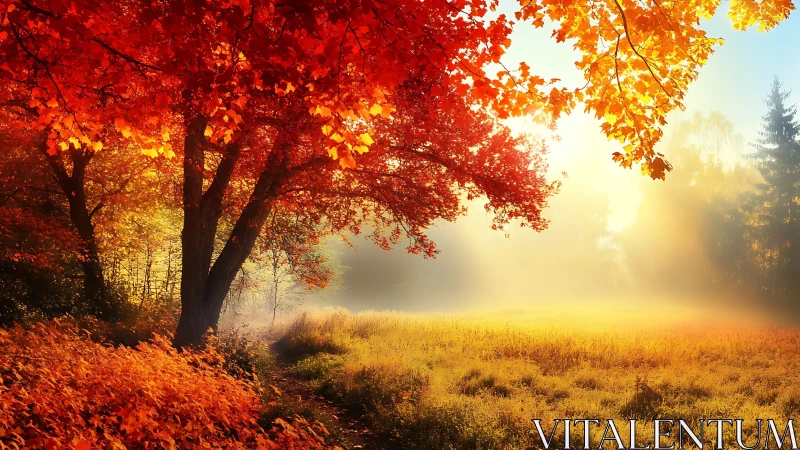 Bright autumn forest edge with sunlight over meadow.