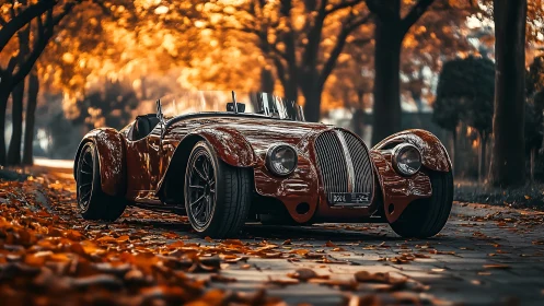 Retro roadster rests under glowing autumn canopy.