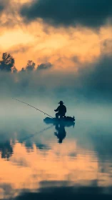 Solitary angler adrift in misty sunrise reflectionscape.