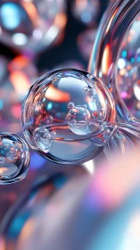 Iridescent glassy bubbles drift through neon bokeh light.