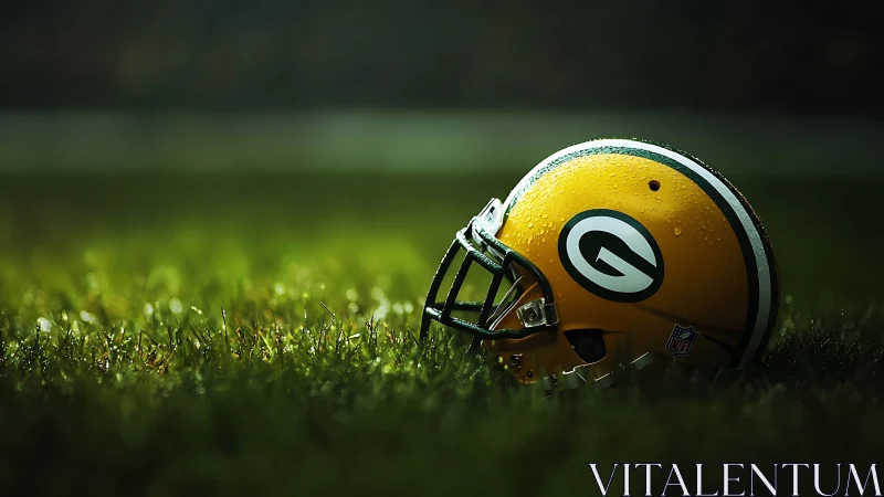 Yellow football helmet with dew resting on wet turf field.