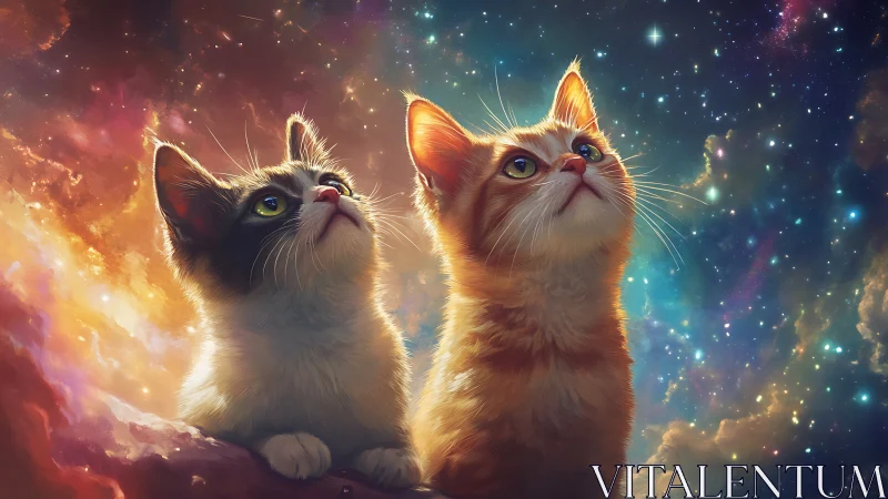Two Cats Against Cosmic Background with Nebula