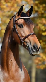 Elegant bay horse stands poised against warm autumn bokeh