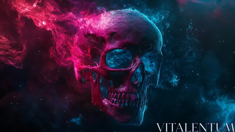 Bicolor digital skull with pink and blue vapor streams.