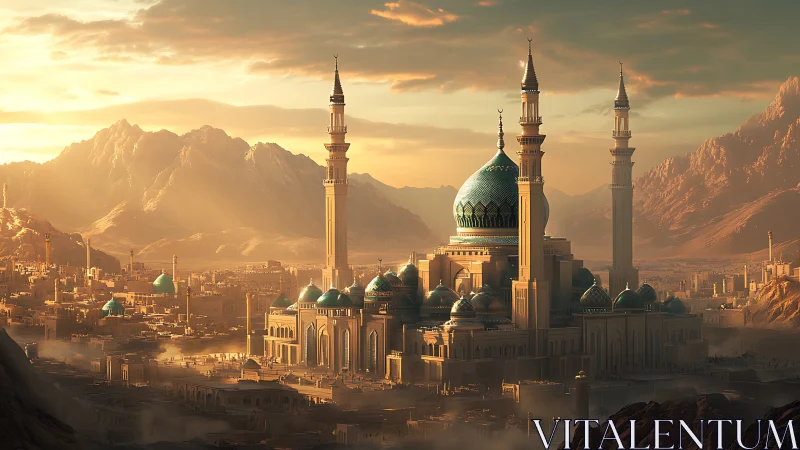 Sunlit domed mosque complex framed by arid mountain range