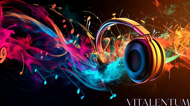 Headphones with abstract multicolor musical wave forms.