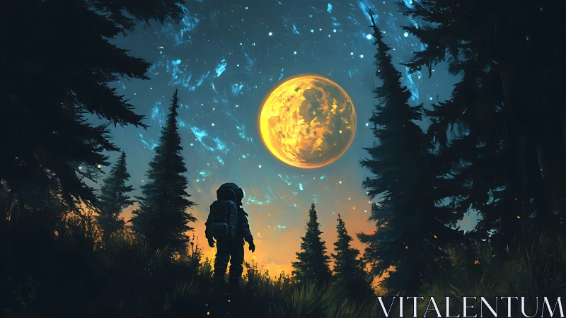 Stargazing explorer beneath a glowing forest moonlit sky.