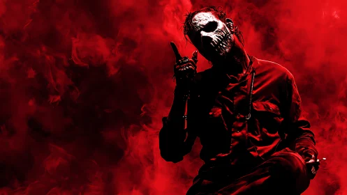Masked figure in red smoke with eerie high contrast lighting.