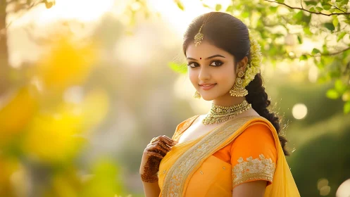 Smiling woman in yellow saree under warm golden sunlight
