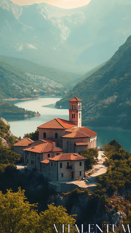 Hilltop stone monastery overlooks winding river valley