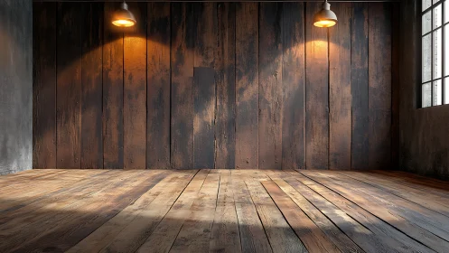 Rustic loft interior with warm wood planks and lights.